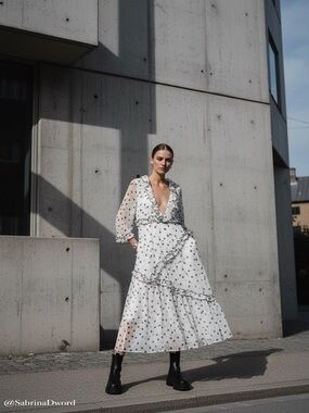 GANNI Polka Dot Organza Ruffle Midi Dress | NWT | Size M | White Black Dots